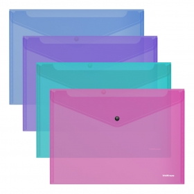 Папка-конверт на кнопке пластиковая ErichKrause® Glossy Vivid, A4, полупрозрачный, ассорти (в коробк