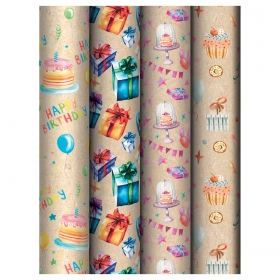 Упаковочная бумага крафт 70*100см, MESHU "Happy birthday", 70 г/м2, ассорти, 4 дизайна MS_62814