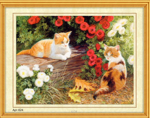 Н-р для вышивания бисером 35x45см(частичн.заполн.,канва с рис) Рыжие котята в цветах Арт.624