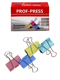 Зажимы для бумаг 41мм, цветные, Проф-пресс, ЗК-4175 (цена за 12шт - 1уп)