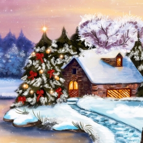 Холст с красками 20x20 см по номерам (14 цв.) Зимний пейзаж с елью и домом (Арт. ХК-2308)