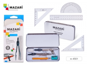 Готовальня из 9 предметов (2 циркуля, уголь 60х30х90, уголь 45х45х90, лин 15см, транспортир, карандаш 89мм, точилка, ластик) M-4501