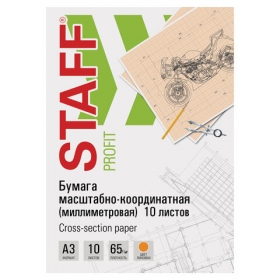 Бумага масштабно-координатная (миллиметровая), папка А3, оранжевая, 10 листов, 65г/м2, STAFF, 113486