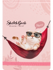 Скетчбук А5, 80л, КОТИК В ГАМАКЕ (80-0513) 7БЦ, переплет сверху, мат. ламин. лак, резинка 80-0513