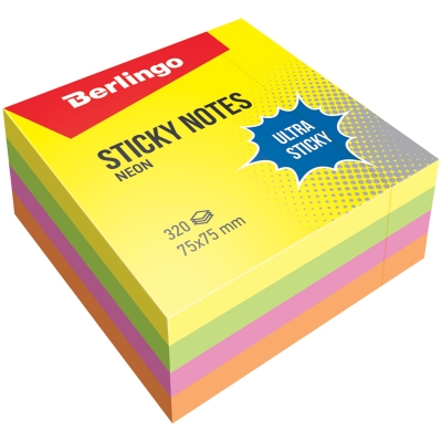 Самоклеящийся блок Berlingo "Ultra Sticky", 75*75мм, 320л, 4 неоновых цвета LSn_40002