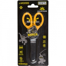 Ножницы детские "deVENTE. SuperHero. Ninja" 13,5 см, пластиковые кольца, защитный футляр с каучуковым декор элементом, черные с желтым, 8010329