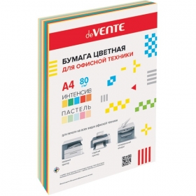 Бумага цветная для офисной техники "deVENTE" A4 100 л, 80 г/м², ассорти 10 цветов (5 интенсивных и 5 пастельных цветов), в пластиковом пакете 2072258