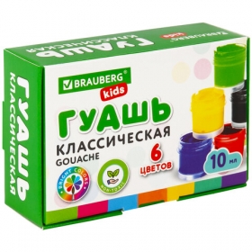 Гуашь BRAUBERG KIDS, 6 цветов по 10 мл, 192374