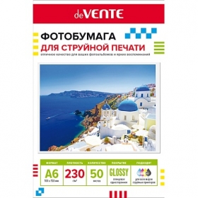 Фотобумага для струйной печати "deVENTE" A6 (10x15 см), 50 л, 230 г/м², глянцевая односторонняя 2042415