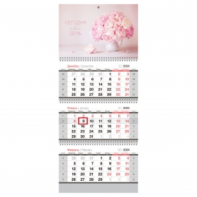 Календарь квартальный 3 бл. на 3 гр. OfficeSpace "Нежные цветы", с бегунком, 2024г., полноцветный бл