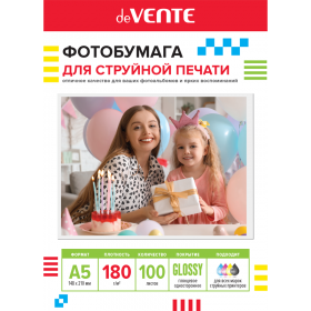 Фотобумага для струйной печати "deVENTE" A5 (21х14,8 см), 100 л, 180 г/м², глянцевая односторонняя, в пластиковом пакете с европодвесом 2042400