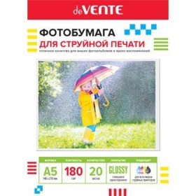 Фотобумага для струйной печати "deVENTE" A5 (21х14,8 см), 20 л, 180 г/м², глянцевая односторонняя, в пластиковом пакете с европодвесом 2042402