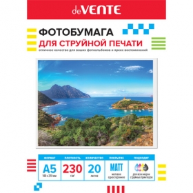 Фотобумага для струйной печати "deVENTE" A5 (21х14,8 см), 20 л, 230 г/м², матовая односторонняя, в пластиковом пакете с европодвесом 2042408