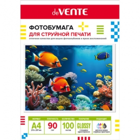 Фотобумага для струйной печати "deVENTE" A4, 100 л, 90 г/м², глянцевая односторонняя, в пластиковом пакете с европодвесом 2042419
