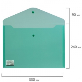 Папка-конверт с кнопкой BRAUBERG, А4, до 100 л, прозрачная, зеленая, СВЕРХПРОЧНАЯ  0,18 мм, 224810