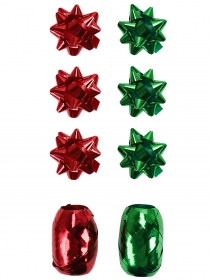 Набор для оформления подарков Зеленый и красный глянец, 6 бантов + 2 ленты 5мм*10м БЛ-0386