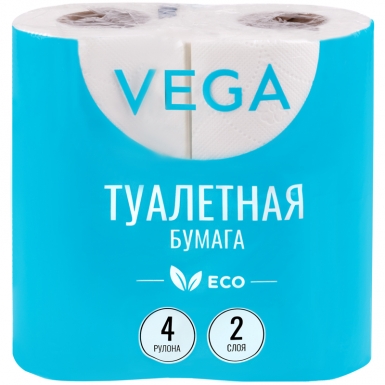 Бумага туалетная Vega  2-слойная, 4шт., эко, 15м, тиснение, белая 315616