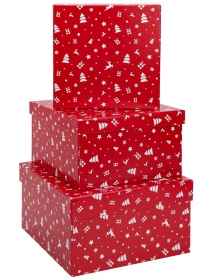 Набор квадратных коробок 3 в 1 Елки на красном (19,5х19,5х11-15,5х15,5х9)  ПП-4469