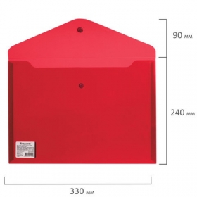 Папка-конверт с кнопкой BRAUBERG, А4, до 100 листов, прозрачная, красная, 0,18 мм, 224812