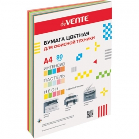 Бумага цветная для офисной техники "deVENTE. MIX" A4 90 л, 75 г/м² и 80 г/м², асс 15 цв (5 интенсив, 5 пастель и 5 неон цв) в пластик пакете 2072261