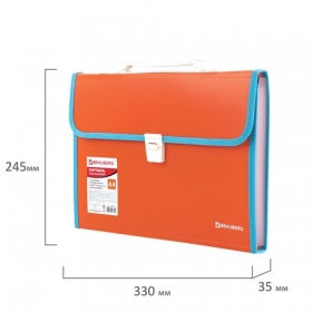 Папка-портфель пластиковая BRAUBERG "JOY", А4 (330х245х35 мм), 13 отделений, с окантовкой, оранжевая