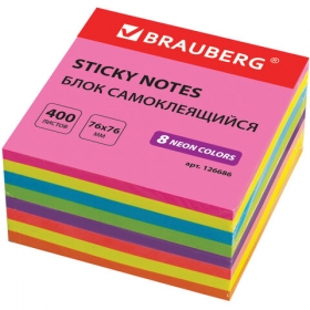 Блок самоклеящийся BRAUBERG, НЕОНОВЫЙ, 76*76 мм, 400 листов, 8 цветов, 126686